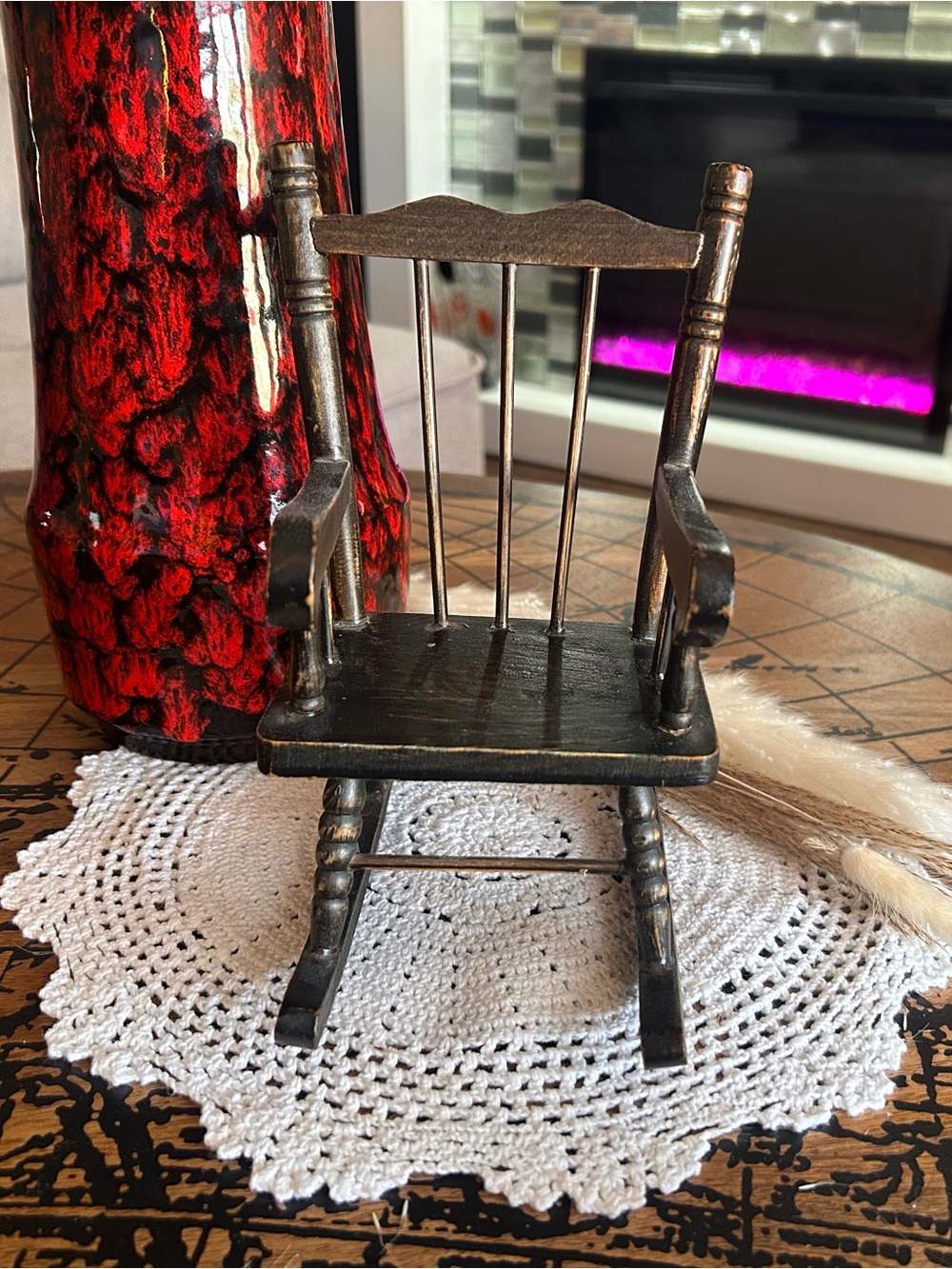 Vintage Miniature Wooden Rocking Chair – 8” Doll Teddy Bear Chair – Spindle Back
